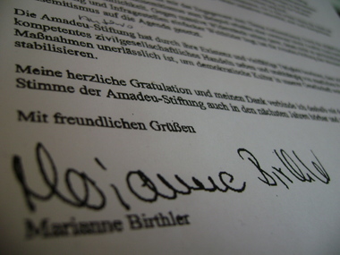 Unterschrift unter dem Brief von Marianne Birthler